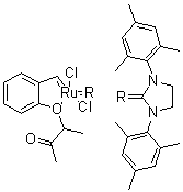 structure of CAS# 1031262-71-1, [1,3-Bis(2,4,6-trimethylphenyl)-2-imidazolidinylidene]dichloro[[2-(1-methyl-2-oxopropoxy)phenyl]methylene]ruthenium