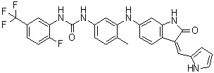 structure of CAS# 1033769-28-6, N-[3-[[2,3-Dihydro-2-oxo-3-(1H-pyrrol-2-ylmethylene)-1H-indol-6-yl]amino]-4-methylphenyl]-N'-[2-fluoro-5-(trifluoromethyl)phenyl]-urea