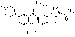 structure of CAS# 1034616-18-6, 4,5-Dihydro-1-(2-hydroxyethyl)-8-[[5-(4-methyl-1-piperazinyl)-2-(trifluoromethoxy)phenyl]amino]-1H-pyrazolo[4,3-h]quinazoline-3-carboxamide