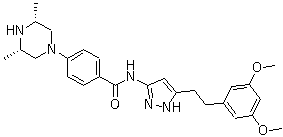 rel-N-[5-[2-(3,5-二甲氧基苯基)乙基]-1H-吡唑-3-基]-4-[(3R,5S)-3,5-二甲基-1-哌嗪基]苯甲酰胺分子结构 (CAS 1035270-39-3)