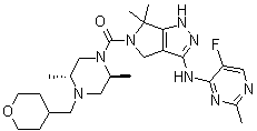 structure of CAS# 1046787-18-1, [(2S,5R)-2,5-二甲基-4-[(四氢-2H-吡喃-4-基)甲基]-1-哌嗪基][3-[(5-氟-2-甲基-4-嘧啶基)氨基]-4,6-二氢-6,6-二甲基吡咯并[3,4-c]吡唑-5(1H)-基]甲酮