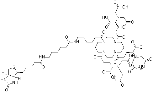 CAS # 1070867-85-4, (alpha1S,alpha4S,alpha8S)-alpha1,alpha4,alpha8-Tris[bis(carboxymethyl)amino]-11-[6-[[6-[[5-[(3aS,4S,6aR)-hexahydro-2-oxo-1H-thieno[3,4-d]imidazol-4-yl]-1-oxopentyl]amino]-1-oxohexyl]amino]-1-oxohexyl]-delta1,delta4,delta8-trioxo-1,4,8,11-tetraazacyclotetradecane-1,4,8-tripentanoic acid