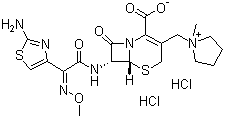 CAS 登录号：107648-80-6, 盐酸头孢吡肟, 头孢吡肟盐酸盐, (6R,7R)-7-[[(2E)-2-(2-氨基-1,3-噻唑-4-基)-2-甲氧基亚氨乙酰]氨基]-3-[(1-甲基吡咯烷-1-基)甲基]-8-氧代-5-硫杂-1-氮杂双环[4.2.0]辛-2-烯-2-甲酸二盐酸盐