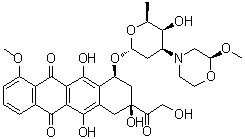 CAS # 108852-90-0, Nemorubicin, (1S,3S)-3-Glycoloyl-1,2,3,4,6,11-hexahydro-3,5,12-trihydroxy-10-methoxy-6,11-dioxo-1-naphthacenyl 2,3,6-trideoxy-3-[(S)-2-methoxymorpholino]-alpha-L-lyxo-hexopyranoside, DMM Dox, FCE 23762, MMRDX, Methoxymorpholinyldoxorubicin
