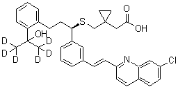 CAS # 1093746-29-2, Montelukast-d<sub>6</sub>, 1-[[[(1R)-1-[3-[(1E)-2-(7-Chloro-2-quinolinyl)ethenyl]phenyl]-3-[2-[1-hydroxy-1-(methyl-d<sub>3</sub>)ethyl-2,2,2-d<sub>3</sub>]phenyl]propyl]thio]methyl]cyclopropaneacetic acid