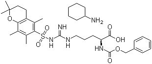 structure of CAS# 112160-33-5, N-Cbz-N'-(2,2,5,7,8-Pentamethylchroman-6-sulfonyl)-L-arginine cyclohexylammonium salt