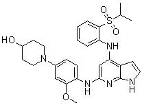 structure of CAS# 1125593-20-5, 1-[4-[[4-[[2-(Isopropylsulfonyl)phenyl]amino]-1H-pyrrolo[2,3-b]pyridin-6-yl]amino]-3-methoxyphenyl]piperidin-4-ol