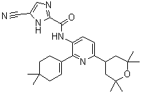 structure of CAS# 1142363-52-7, 5-Cyano-N-[2-(4,4-dimethyl-1-cyclohexen-1-yl)-6-(tetrahydro-2,2,6,6-tetramethyl-2H-pyran-4-yl)-3-pyridinyl]-1H-imidazole-2-carboxamide