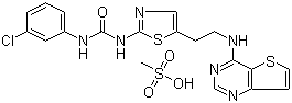 structure of CAS# 1146618-41-8, N-(3-氯苯基)-N'-[5-[2-(噻吩并3,2-d]嘧啶-4-基氨基)乙基]-2-噻唑基]脲甲磺酸盐 (1:1)