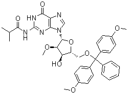 structure of CAS# 114745-26-5, 5'-O-[Bis(4-methoxyphenyl)phenylmethyl]-2'-O-methyl-N-(2-methyl-1-oxopropyl)guanosine