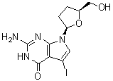 CAS # 114748-67-3, 2-Amino-3,7-dihydro-5-iodo-7-[(2R,5S)-tetrahydro-5-(hydroxymethyl)-2-furanyl]-4H-pyrrolo[2,3-d]pyrimidin-4-one, 7-Iodo-2',3'-dideoxy-7-deazaguanosine
