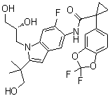 structure of CAS# 1152311-62-0, 1-(2,2-二氟-1,3-苯并二氧戊环-5-基)-N-[1-[(2R)-2,3-二羟基丙基]-6-氟-2-(2-羟基-1,1-二甲基乙基)-1H-吲哚-5-基]-环丙烷甲酰胺