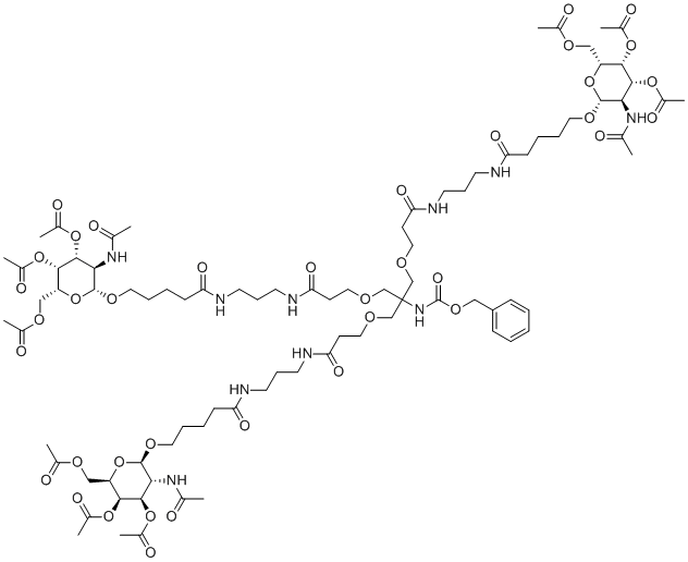 Benzyl {1,31-bis[(2-acetamido-3,4,6-tri-O-acetyl-2-deoxy-beta-D-galactopyranosyl)oxy]-16-[(3-{[3-({5-[(2-acetamido-3,4,6-tri-O-acetyl-2-deoxy-beta-D-galactopyranosyl)oxy]pentanoyl}amino)propyl]amino}- 3-oxopropoxy)methyl]-5,11,21,27-tetraoxo-14,18-dioxa-6,10,22,26-tetraazahentriacontan-16-yl}carbamate molecular structure (CAS 1159408-63-5)