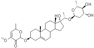 CAS # 116782-73-1, Periplocoside M, 2-[[(3beta,20S)-20-[(2,6-Dideoxy-beta-D-arabino-hexopyranosyl)oxy]-17-hydroxypregn-5-en-3-yl]oxy]-4-methoxy-6-methyl-2H-pyran-3(6H)-one