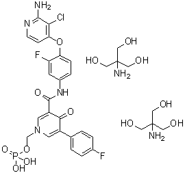 structure of CAS# 1174161-86-4, (3-(4-(2-氨基-3-氯吡啶-4-基氧基)-3-氟苯基氨基甲酰)-5-(4-氟苯基)-4-氧代吡啶-1(4H)-基)甲基磷酸二氢酯与2-氨基-2-(羟基甲基)丙烷-1,3-二醇的化合物 (1:2)