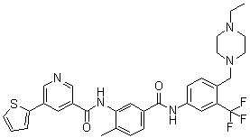 structure of CAS# 1186206-79-0, N-[4-[(4-Ethyl-1-piperazinyl)methyl]-3-(trifluoromethyl)phenyl]-4-methyl-3-[[[5-(2-thienyl)-3-pyridinyl]carbonyl]amino]benzamide