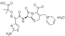 structure of CAS# 120618-65-7, [6R-[6alpha,7beta(Z)]]-1-[[7-[[(2-氨基-4-噻唑基)[(1-羧基-1-甲基乙氧基)亚氨基]乙酰基]氨基]-2-羧基-8-氧代-5-硫杂-1-氮杂双环[4.2.0]辛-2-烯-3-基]甲基]-吡啶鎓内盐水合物