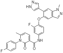structure of CAS# 1206799-15-6, N-[3-氟-4-[[1-甲基-6-(1H-吡唑-4-基)-1H-吲唑-5-基]氧基]苯基]-1-(4-氟苯基)-1,2-二氢-6-甲基-2-氧代-3-吡啶甲酰胺