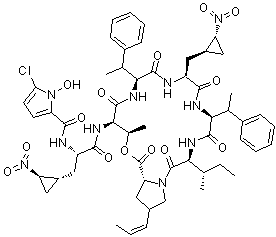 CAS # 121548-21-8, Hormaomycin, (4R)-5-chloro-1-hydroxy-1H-pyrrole-2-carbonyl-3-[(1R,2R)-2-nitrocyclopropyl]-L-alanyl-D-allothreonyl-(betaR)-beta-methyl-L-phenylalanyl-3-[(1R,2R)-2-nitrocyclopropyl]-L-alanyl-(betaR)-beta-methyl-L-phenylalanyl-L-isoleucyl-4-(1Z)-1-propenyl-L-Proline (8->3)-lactone