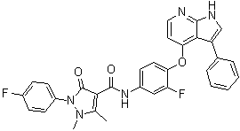 structure of CAS# 1221713-92-3, 2-(4-Fluorophenyl)-N-[3-fluoro-4-[(3-phenyl-1H-pyrrolo[2,3-b]pyridin-4-yl)oxy]phenyl]-2,3-dihydro-1,5-dimethyl-3-oxo-1H-pyrazole-4-carboxamide