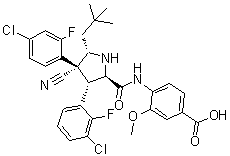CAS # 1229705-06-9, RG 7388, 4-[[[(2R,3S,4R,5S)-3-(3-Chloro-2-fluorophenyl)-4-(4-chloro-2-fluorophenyl)-4-cyano-5-(2,2-dimethylpropyl)-2-pyrrolidinyl]carbonyl]amino]-3-methoxybenzoic acid