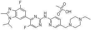 structure of CAS# 1231930-82-7, N-[5-[(4-乙基-1-哌嗪基)甲基]-2-吡啶基]-5-氟-4-[4-氟-2-甲基-1-异丙基-1H-苯并咪唑-6-基]-2-嘧啶胺甲烷磺酸盐