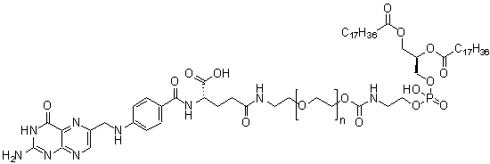 CAS # 1236288-25-7, alpha-[(9R)-6-Hydroxy-6-oxido-1,12-dioxo-9-[(1-oxooctadecyl)oxy]-5,7,11-trioxa-2-aza-6-phosphanonacos-1-yl]-omega-[2-[[(4S)-4-[[4-[[(2-amino-alpha-[(9R)-6-Hydroxy-6-oxido-1,12-dioxo-9-[(1-oxooctadecyl)oxy]-5,7,11-trioxa-2-aza-6-phosphanonacos-1-yl]-omega-[2-[[(4S)-4-[[4-[[(2-amino-3,4-dihydro-4-oxo-6-pteridinyl)methyl]amino]benzoyl]amino]-4-carboxy-1-oxobutyl]amino]ethoxy]poly(oxy-1,2-ethanediyl) ammonium salt (1:2), DSPE-PEG 2000 folate, DSPE-PEG 5000 folate, DSPE-PEG-Folate, DSPE-PEG2000-FA