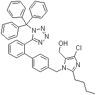 structure of CAS# 124751-00-4, [2-丁基-4-氯-1-[(2'-(1-三苯甲基-1H-四氮唑-5-基)联苯-4-基)甲基)-1H-咪唑-5-基)甲醇