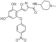 structure of CAS# 1253584-84-7, 5-[2,4-二羟基-6-(4-硝基苯氧基)苯基]-N-(1-甲基-4-哌啶基)-3-异恶唑甲酰胺