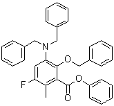 structure of CAS# 1253799-29-9, 3-[Bis(phenylmethyl)amino]-5-fluoro-6-methyl-2-(phenylmethoxy)benzoic acid phenyl ester