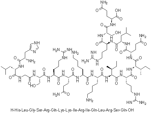 L-组氨酰-L-亮氨酰甘氨酰-L-丝氨酰-L-精氨酰-L-谷氨酰胺酰-L-赖氨酰-L-赖氨酰-L-异亮氨酰-L-精氨酰-L-异亮氨酰-L-谷氨酰胺酰-L-亮氨酰-L-精氨酰-L-丝氨酰-L-谷氨酰胺分子结构 (CAS 1256166-72-9)