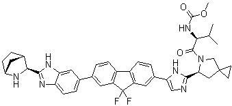CAS 登录号：1256388-76-7, N-[(1S)-1-[[(6S)-6-[5-[7-[2-(1R,3S,4S)-2-氮杂双环[2.2.1]庚烷-3-基-1H-苯并咪唑-6-基]-9,9-二氟-9H-芴-2-基]-1H-咪唑-2-基]-5-氮杂螺[2.4]庚烷-5-基]羰基]-2-甲基丙基]氨基甲酸甲酯