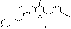 structure of CAS# 1256589-74-8, 9-Ethyl-6,11-dihydro-6,6-dimethyl-8-[4-(4-morpholinyl)-1-piperidinyl]-11-oxo-5H-benzo[b]carbazole-3-carbonitrile hydrochloride (1:1)