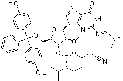 structure of CAS# 128219-77-2, 5'-O-[Bis(4-methoxyphenyl)phenylmethyl]-N-[(dimethylamino)methylene]-2'-O-methylguanosine 3'-[2-cyanoethyl bis(1-methylethyl)phosphoramidite]