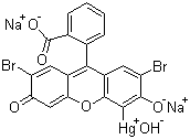 CAS 登录号：129-16-8, 红汞, 汞溴红, 2,7-二溴-4-羟汞基荧光红双钠盐