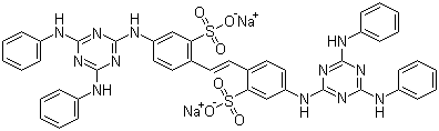 CAS # 133-66-4, Fluorescent Brightener 9, 2,2'-(1,2-Ethenediyl)bis[5-[[4,6-bis(phenylamino)-1,3,5-triazin-2-yl]amino] disodium salt, 4,4'-Bis(2,4-dianilino-1,3,5-triazin-6-ylamino)-2,2'-stilbene disulfonic acid disodium salt, 4,4'-Bis(2,4-dianilino-s-triazin-6-ylamino)stilbene-2,2'-disulfonic acid disodium salt
