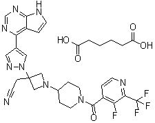 structure of CAS# 1334302-63-4, Hexanedioic acid, compd. with 1-[1-[[3-fluoro-2-(trifluoromethyl)-4-pyridinyl]carbonyl]-4-piperidinyl]-3-[4-(7H-pyrrolo[2,3-d]pyrimidin-4-yl)-1H-pyrazol-1-yl]-3-azetidineacetonitrile (1:1)