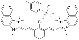 structure of CAS# 134127-48-3, 2-[2-[2-Chloro-3-[2-(1,3-dihydro-1,1,3-trimethyl-2H-benz[e]indol-2-ylidene)ethylidene]-1-cyclohexen-1-yl]ethenyl]-1,1,3-trimethyl-1H-benz[e]indolium salt with 4-methylbenzenesulfonate (1:1)