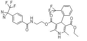 structure of CAS# 135330-18-6, 1,4-二氢-2,6-二甲基-4-[2-(三氟甲基)苯基]-3,5-吡啶二甲酸 3-乙基酯 5-[2-[[4-[3-(三氟甲基)-3H-双吖丙啶-3-基]苯甲酰基]氨基]乙基]酯