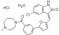 structure of CAS# 1353858-99-7, (3E)-5-氯-3-[[5-[3-[(六氢-4-甲基-1H-1,4-二氮杂卓-1-基)羰基]苯基]-2-呋喃基]亚甲基]-1,3-二氢-2H-吲哚-2-酮盐酸盐水合物