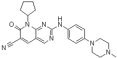 structure of CAS# 1357470-29-1, 8-Cyclopentyl-7,8-dihydro-2-[[4-(4-methyl-1-piperazinyl)phenyl]amino]-7-oxo-pyrido[2,3-d]pyrimidine-6-carbonitrile