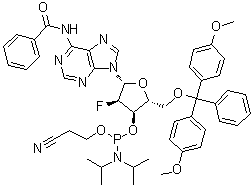 structure of CAS# 136834-22-5, N-Benzoyl-5'-O-[bis(4-methoxyphenyl)phenylmethyl]-2'-deoxy-2'-fluoroadenosine 3'-[2-cyanoethyl N,N-bis(1-methylethyl)phosphoramidite]
