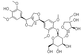 CAS 登录号：136997-64-3, (-)-丁香树脂酚-4-O-beta-D-呋喃芹糖基-(1&rarr;2)-beta-D-吡喃葡萄糖苷