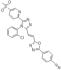 structure of CAS# 1380672-07-0, 4-[5-[(1E)-2-[4-(2-氯苯基)-5-[5-(甲基磺酰基)-2-吡啶基]-4H-1,2,4-三唑-3-基]乙烯基]-1,3,4-恶二唑-2-基]苯甲腈
