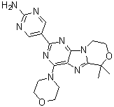 structure of CAS# 1382979-44-3, 5-[8,9-Dihydro-6,6-dimethyl-4-(4-morpholinyl)-6H-[1,4]oxazino[4,3-e]purin-2-yl]-2-pyrimidinamine