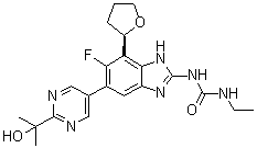 CAS 登录号：1384984-18-2, N-乙基-N'-[6-氟-5-[2-(1-羟基-1-甲基乙基)-5-嘧啶基]-7-[(2R)-四氢-2-呋喃基]-1H-苯并咪唑-2-基]脲