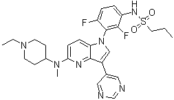 structure of CAS# 1392429-79-6, N-[3-[5-[(1-乙基-4-哌啶基)甲基氨基]-3-(5-嘧啶基)-1H-吡咯并[3,2-b]吡啶-1-基]-2,4-二氟苯基]-1-丙烷磺酰胺