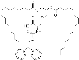 structure of CAS# 139573-78-7, Hexadecanoic acid 1S)-1-[[[(2R)-2-carboxy-2-[[(9H-fluoren-9-ylmethoxy)carbonyl]amino]ethyl]thio]methyl]-1,2-ethanediyl ester