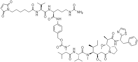 CAS # 1401963-17-4, Vc-MMAD, N-[[[4-[[N-[6-(2,5-Dihydro-2,5-dioxo-1H-pyrrol-1-yl)-1-oxohexyl]-L-valyl-N5-(aminocarbonyl)-L-ornithyl]amino]phenyl]methoxy]carbonyl]-N-methyl-L-valyl-N-[(1S,2R)-2-methoxy-4-[(2S)-2-[(1R,2R)-1-methoxy-2-methyl-3-oxo-3-[[(1S)-2-phenyl-1-(2-thiazolyl)ethyl]amino]propyl]-1-pyrrolidinyl]-1-[(1S)-1-methylpropyl]-4-oxobutyl]-N-methyl-L-valinamide