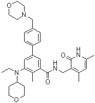structure of CAS# 1403254-99-8, N-[(1,2-二氢-4,6-二甲基-2-氧代-3-吡啶基)甲基]-5-[乙基(四氢-2H-吡喃-4-基)氨基]-4-甲基-4'-(4-吗啉基甲基)-[1,1'-联苯]-3-甲酰胺